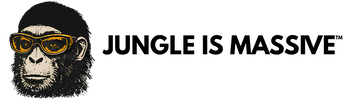 Jungle is Massive brand logo featuring a stylized black-and-white gorilla wearing yellow-tinted sunglasses next to the text 'JUNGLE IS MASSIVE' on a white background.