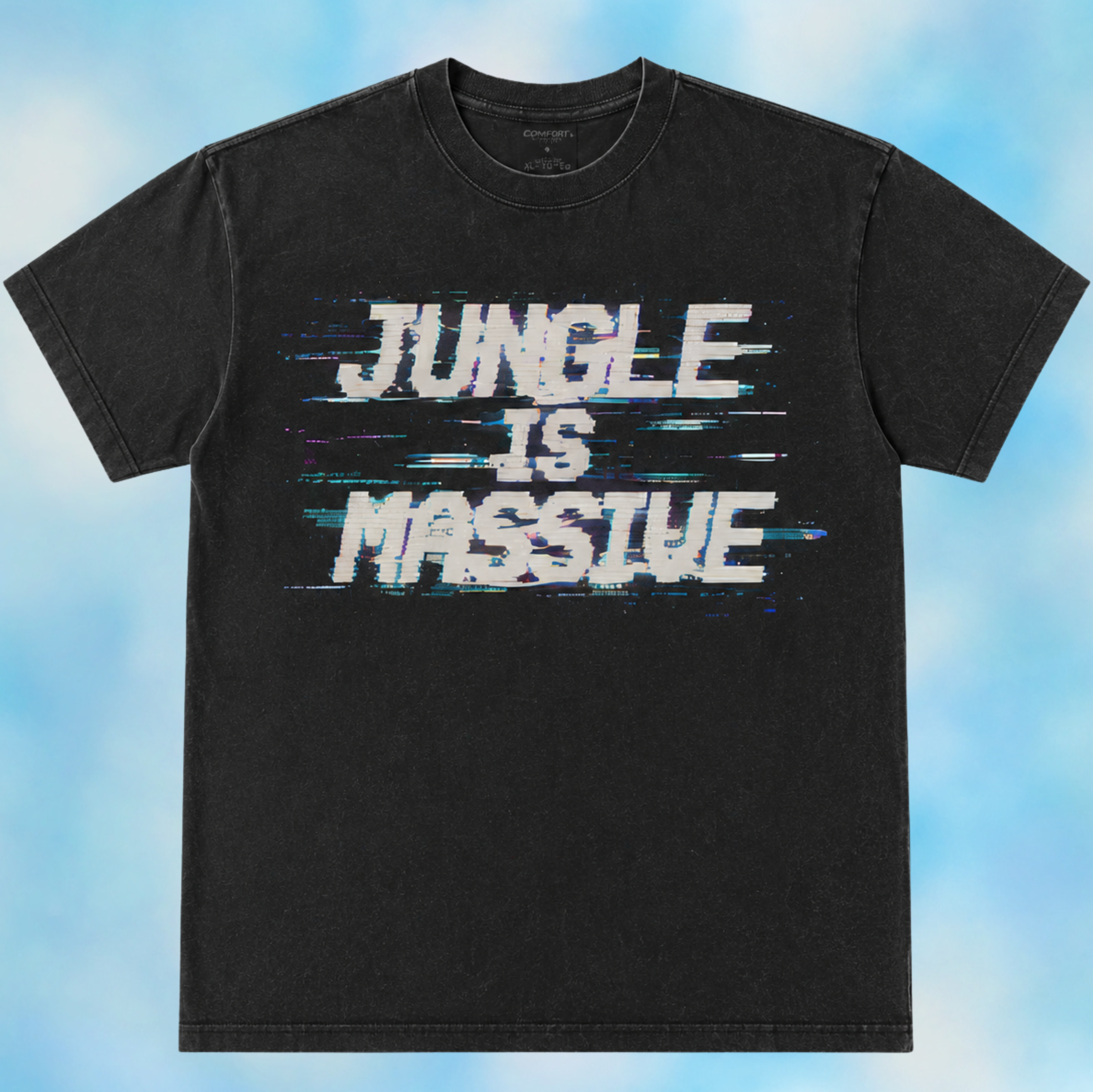 A black short-sleeve t-shirt with a distressed white graphic reading 'JUNGLE IS MASSIVE' with blue glitch-style horizontal lines, displayed against a light blue cloudy background.