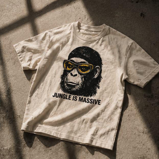 A photo showing a light beige short-sleeve T-shirt laid flat in different styled settings. The shirt features a large black gorilla face wearing yellow sunglasses with the text 'JUNGLE IS MASSIVE' across the front.